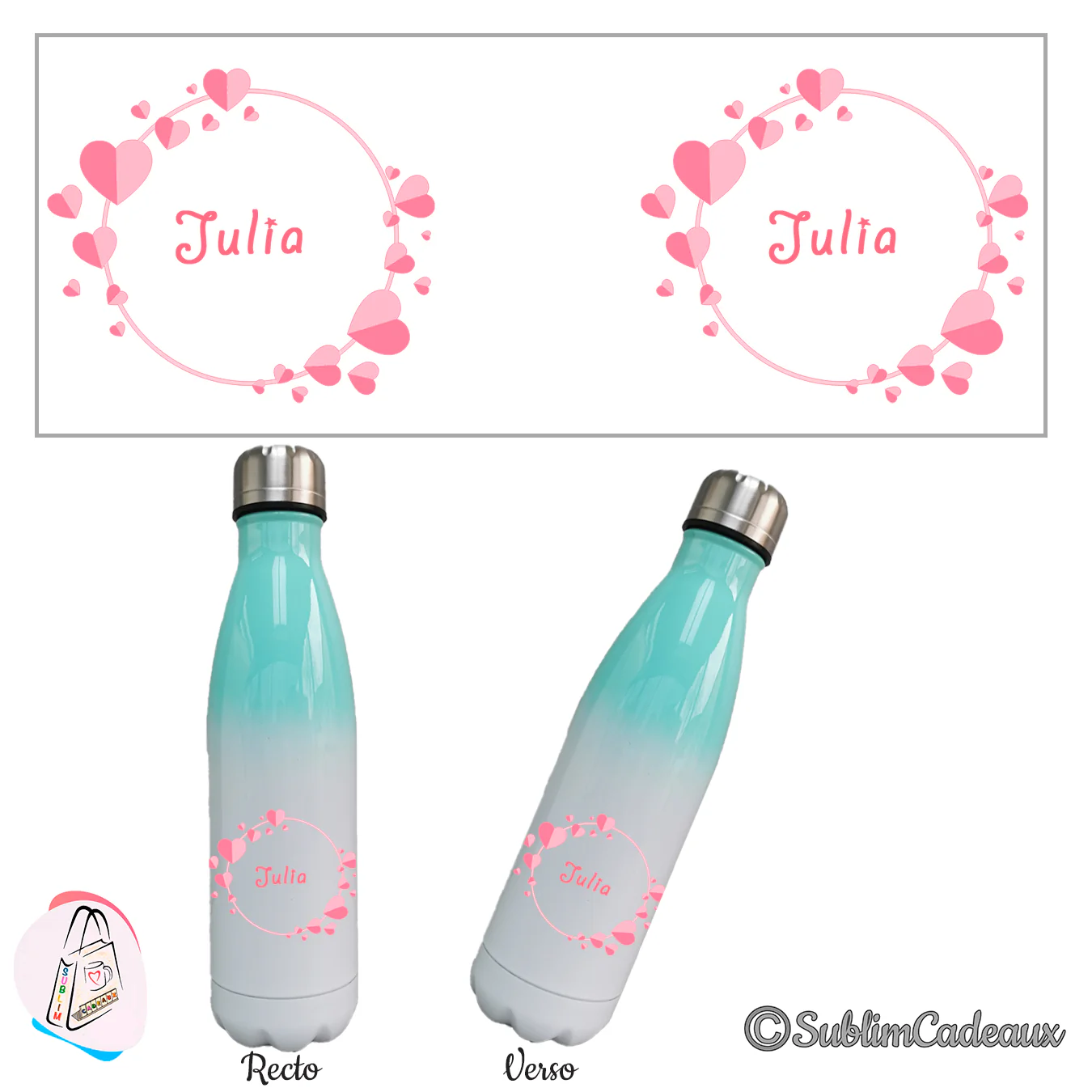 Bouteille isotherme au dégradé vert menthe, cercle de coeurs roses, prénom Julia en corail
