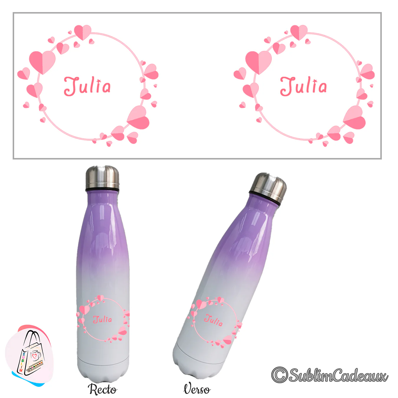 Couronne de coeurs roses sublimée sur bouteille isotherme dégradé violet et blanc, prénom Julia en corail