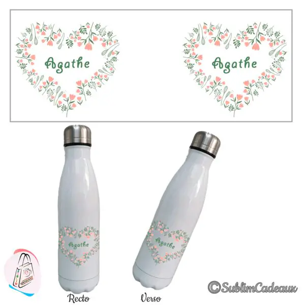 Gourde isotherme blanche, coeur composé de fleurs roses et de feuillage vert, prénom à personnaliser au centre