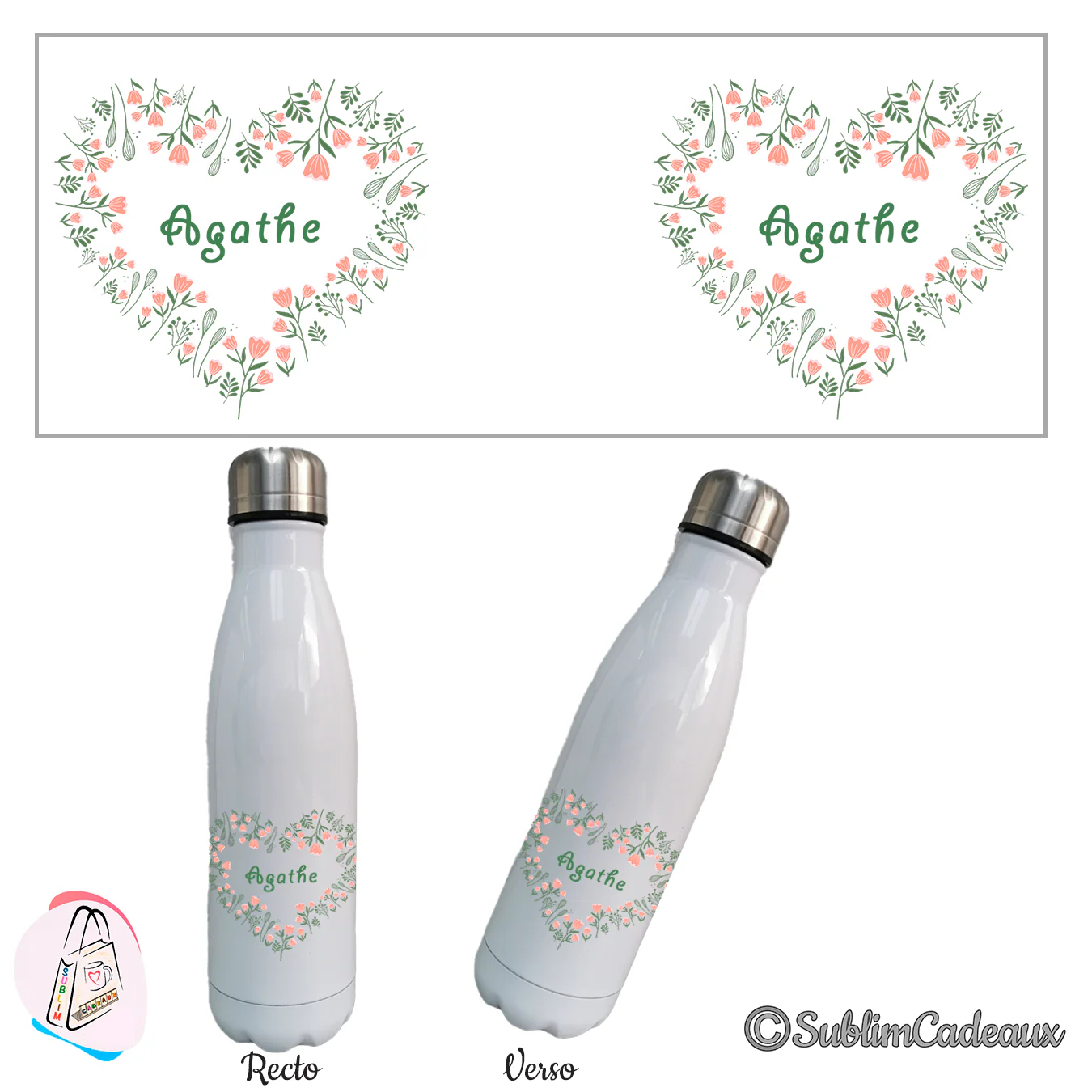 Gourde isotherme blanche, coeur composé de fleurs roses et de feuillage vert, prénom à personnaliser au centre