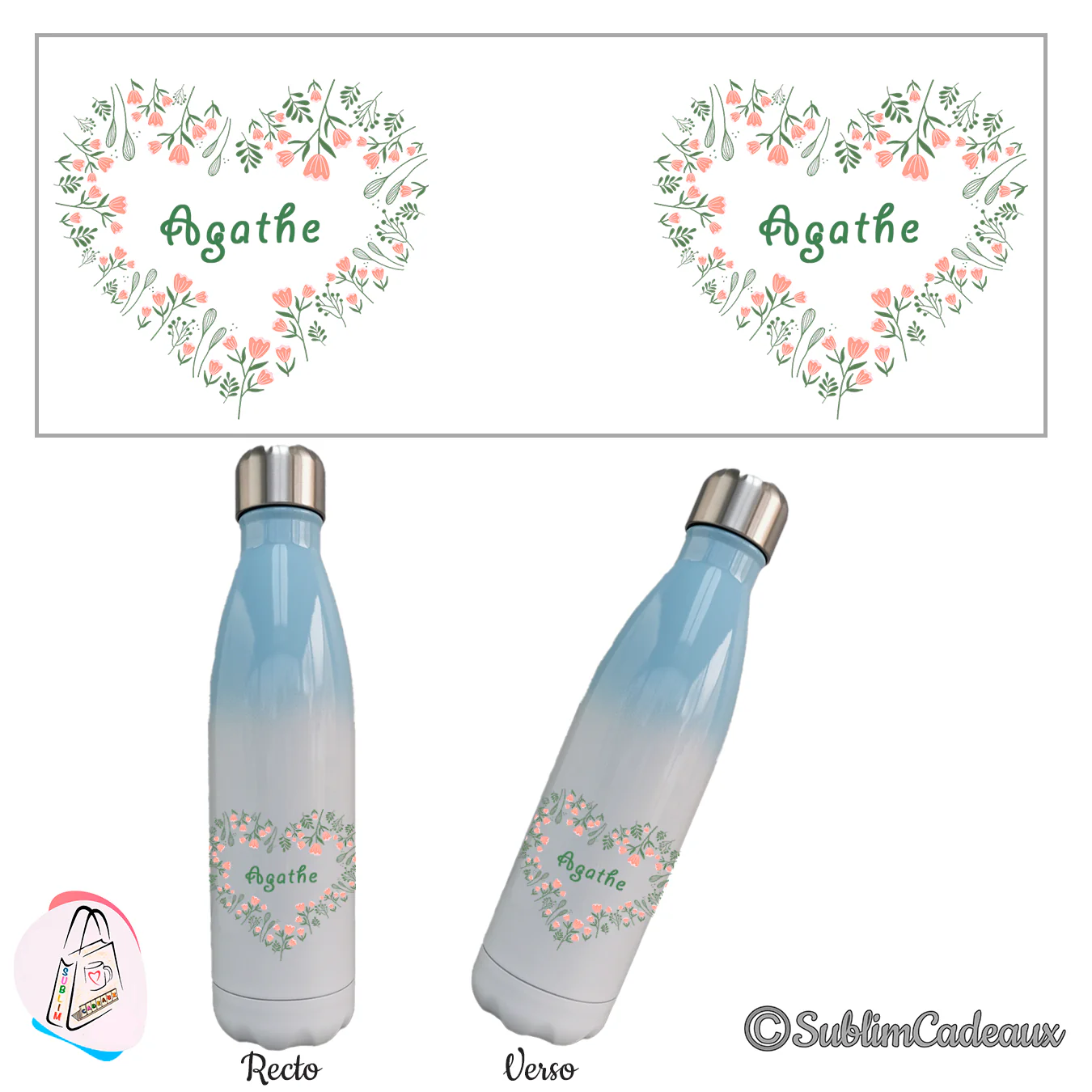 Cœur de fleurs roses et prénom vert sublimés sur une bouteille isotherme dégradé bleu et blanc, recto verso