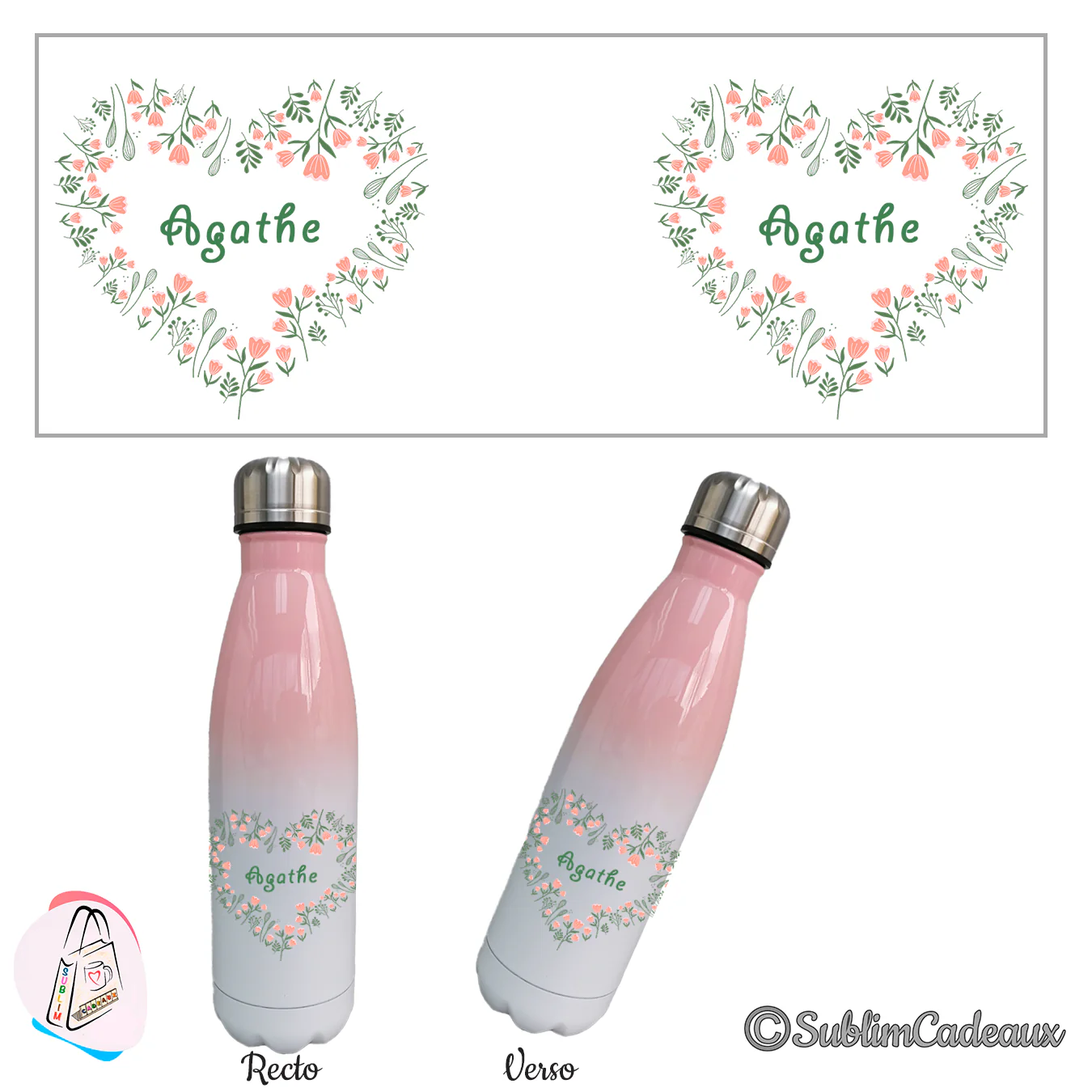 Bouteille isotherme dégradé rose et blanc, cœur floral rose et prénom vert sublimé, vues recto et verso