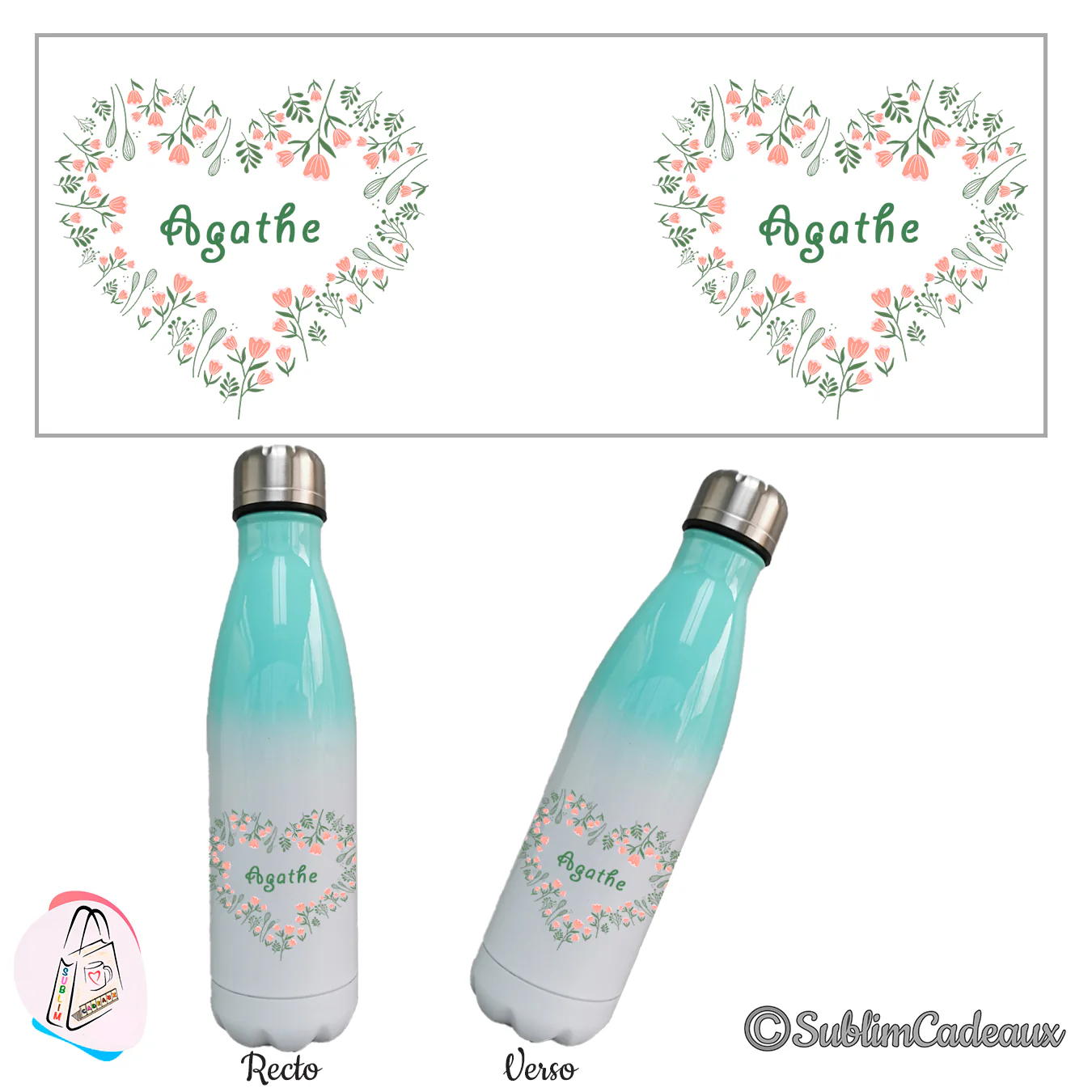 Gourde isotherme dégradé vert menthe et blanc, couronne de fleurs roses en cœur, prénom vert imprimé