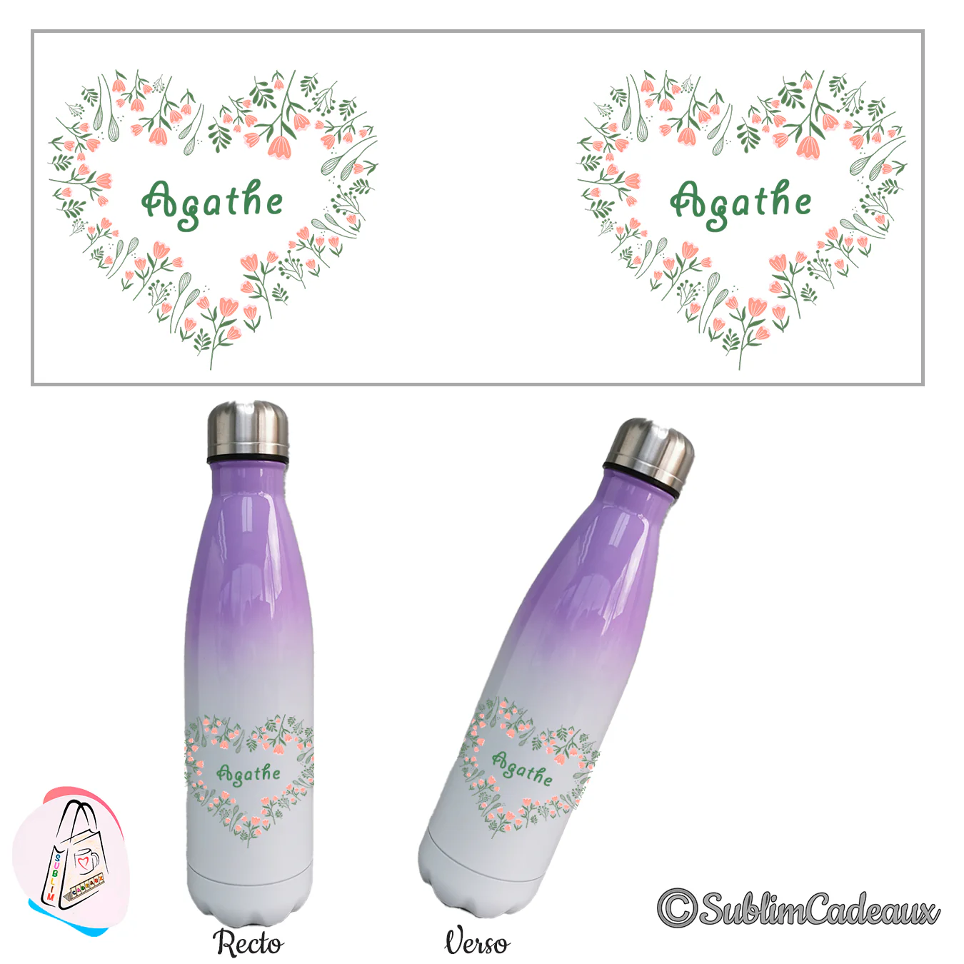 Dégradé violet et blanc sur une bouteille isotherme, cœur de fleurs roses et prénom vert sublimé