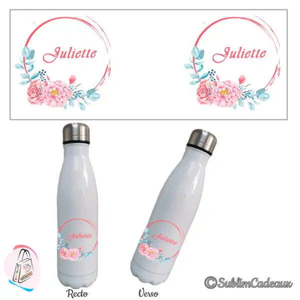 Bouteille isotherme blanche, cercle corail avec pivoines roses et eucalyptus, prénom à personnaliser au centre