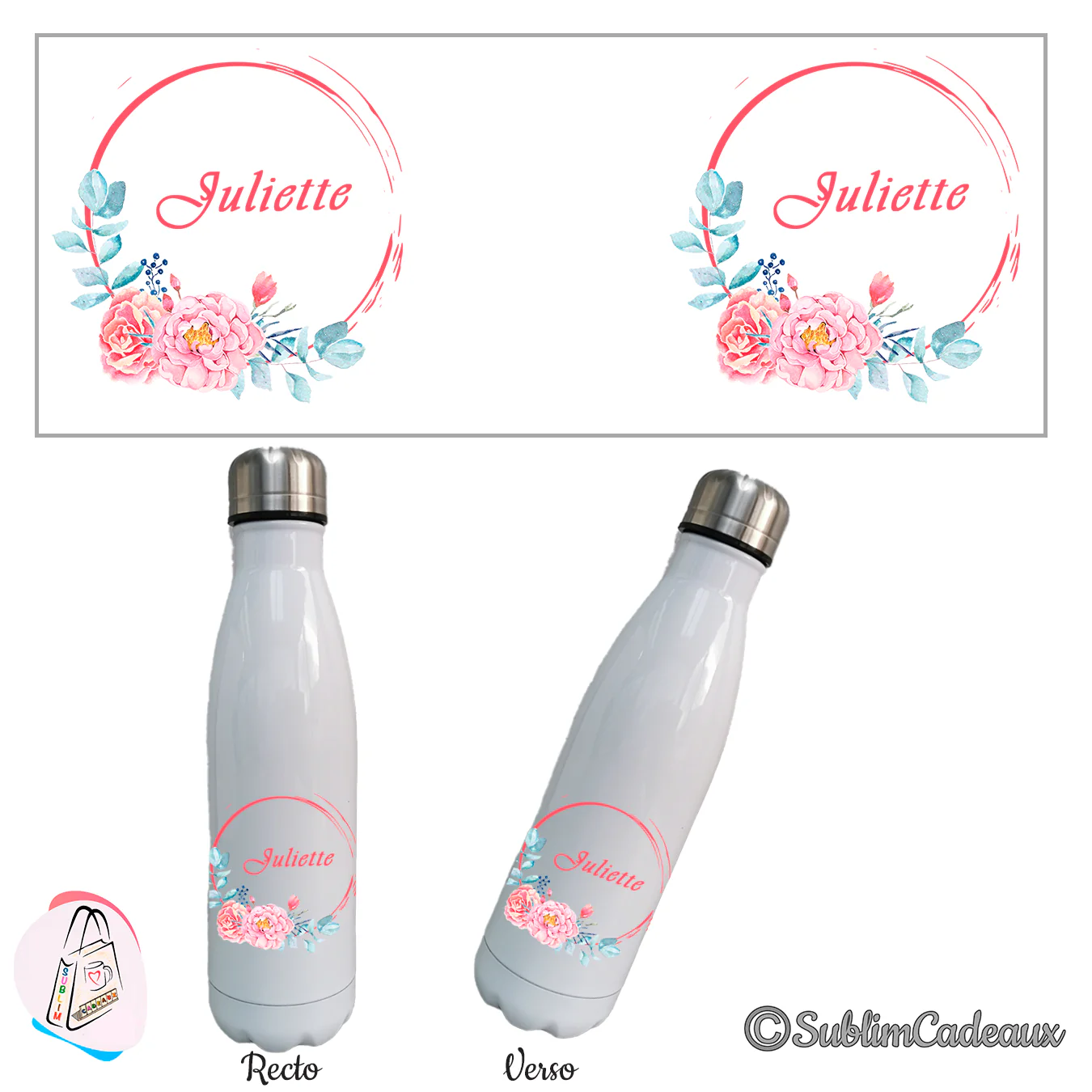 Bouteille isotherme blanche, cercle corail avec pivoines roses et eucalyptus, prénom à personnaliser au centre