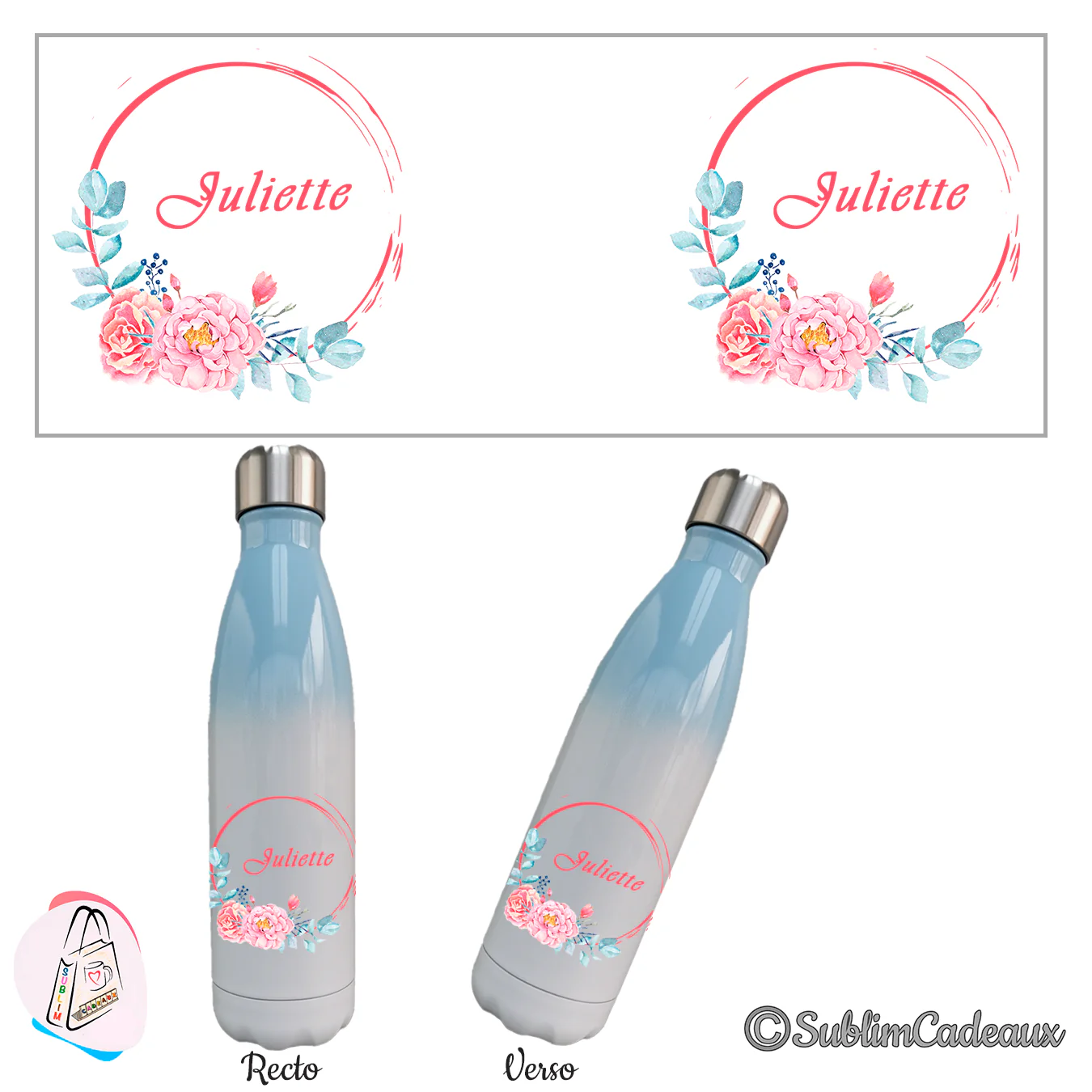 Bouteille isotherme dégradé bleu et blanc, cercle corail, pivoines roses et eucalyptus, prénom sublimé