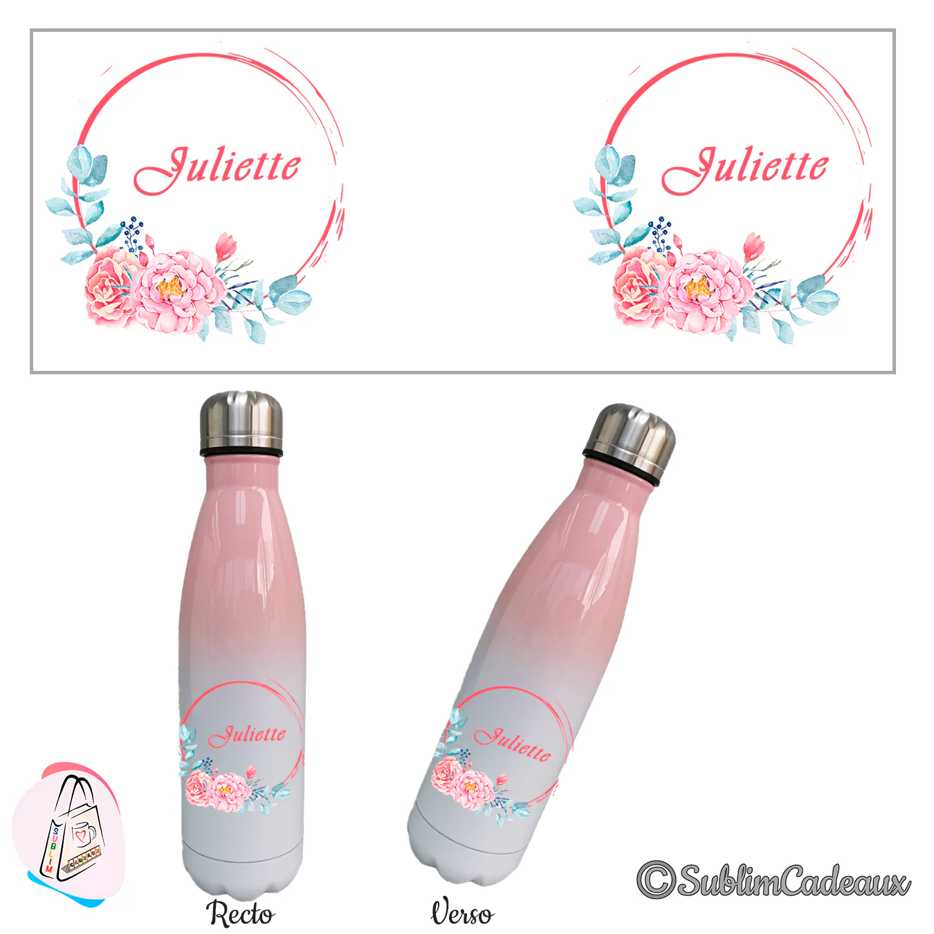 Gourde isotherme dégradé rose et blanc, anneau corail de pivoines roses et eucalyptus, prénom corail