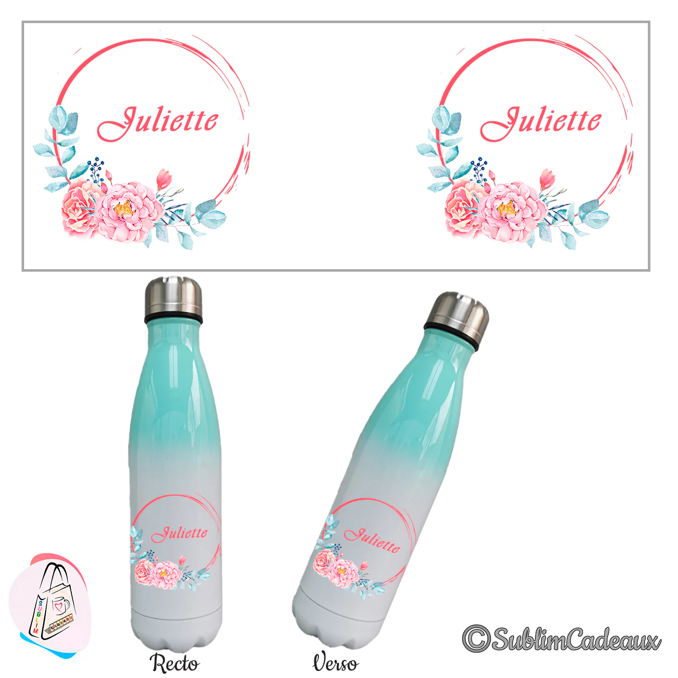 Isotherme dégradé vert menthe et blanc, cercle corail, pivoines roses et eucalyptus, prénom corail imprimé