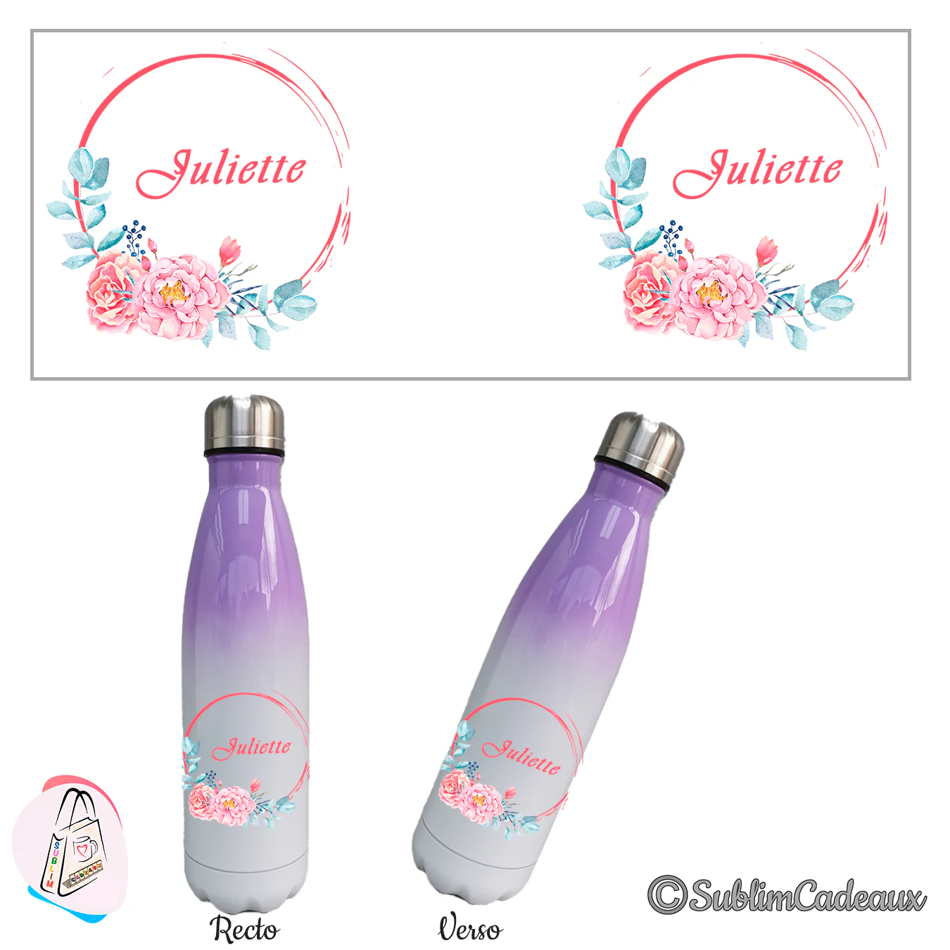 Cercle corail, pivoines roses et eucalyptus autour d'un prénom, bouteille isotherme dégradé violet et blanc
