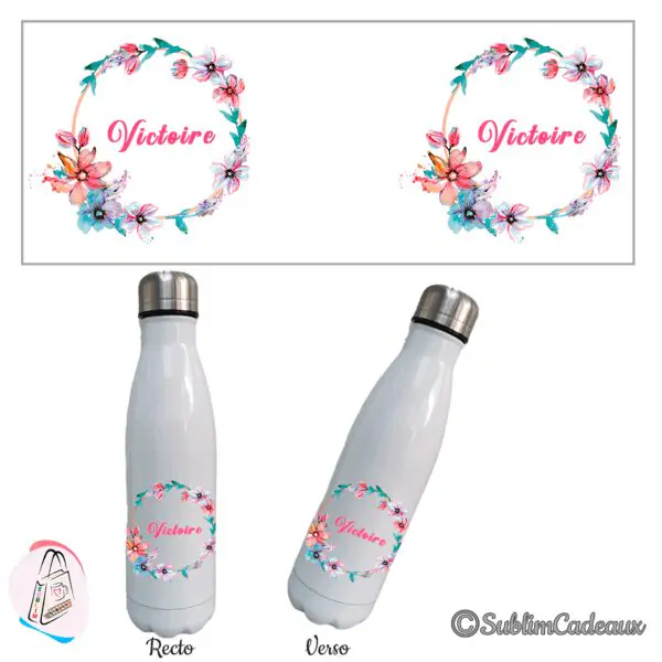 Bouteille isotherme blanche, couronne de fleurs aquarelle rose et bleu autour d'un prénom à personnaliser
