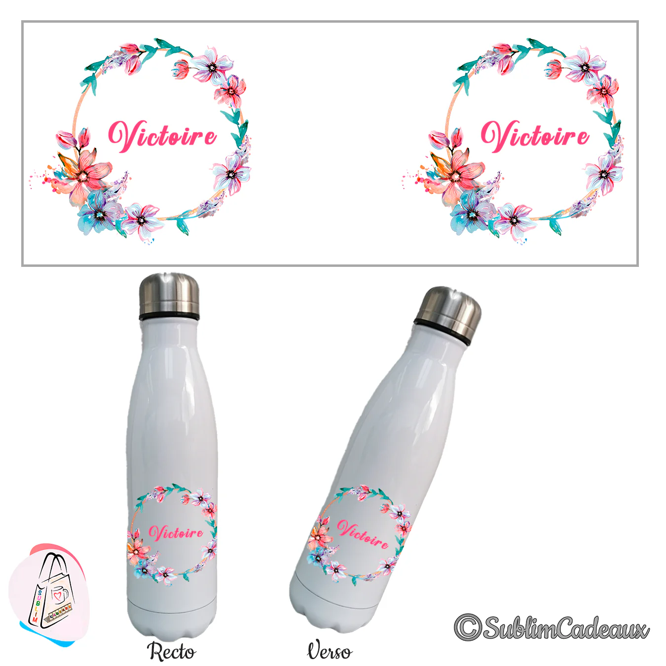 Bouteille isotherme blanche, couronne de fleurs aquarelle rose et bleu autour d'un prénom à personnaliser