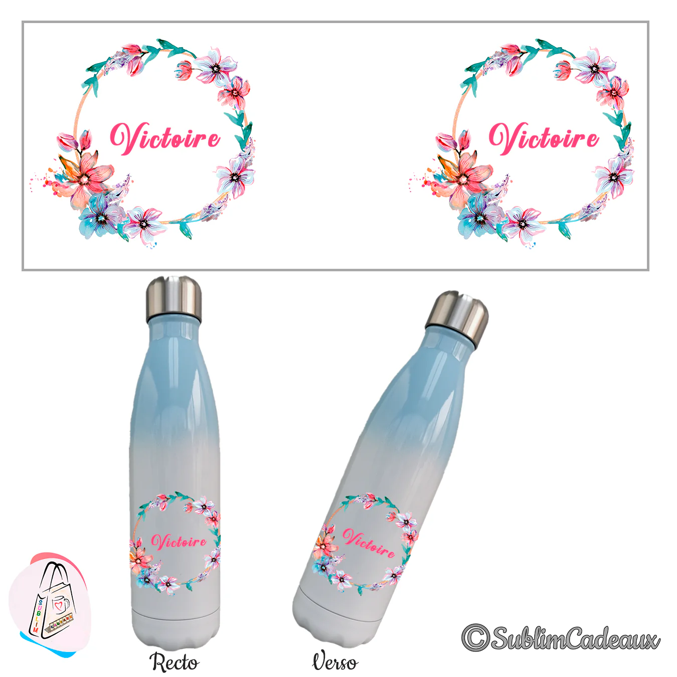 Bouteille isotherme dégradé bleu et blanc, couronne de fleurs aquarelle roses et bleues, prénom rose sublimé
