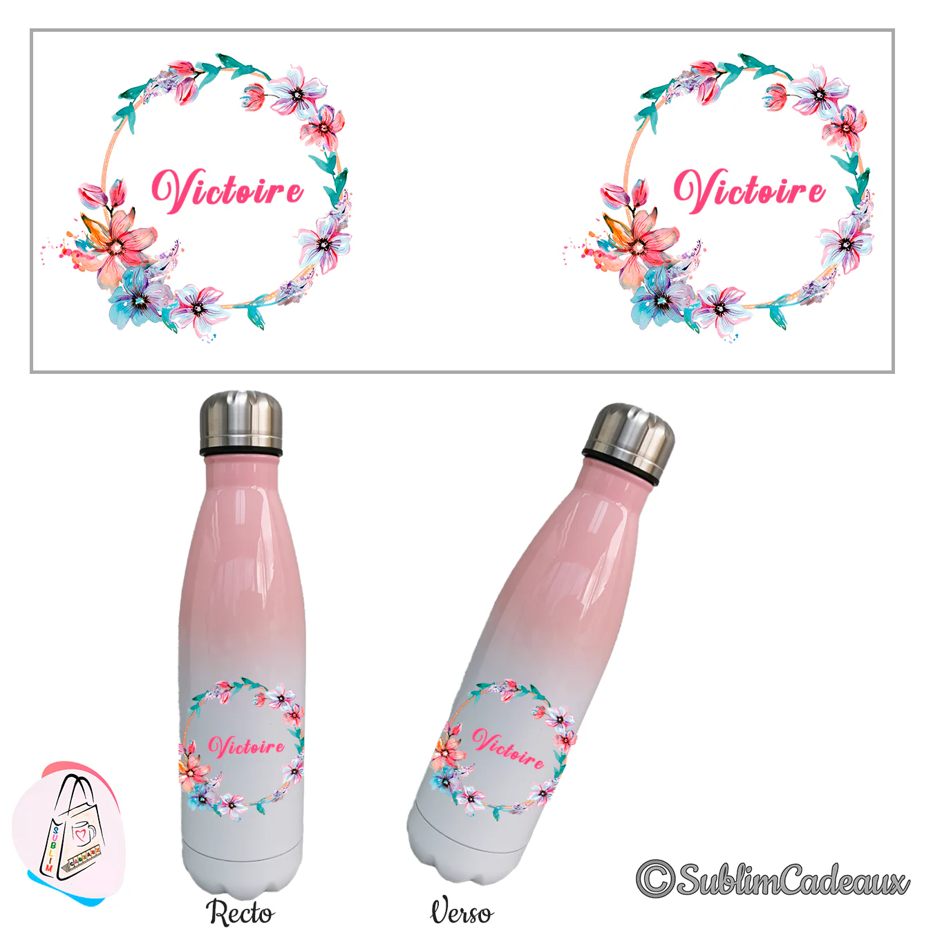 Gourde isotherme dégradé rose et blanc, couronne de fleurs aquarelle multicolores, prénom rose imprimé