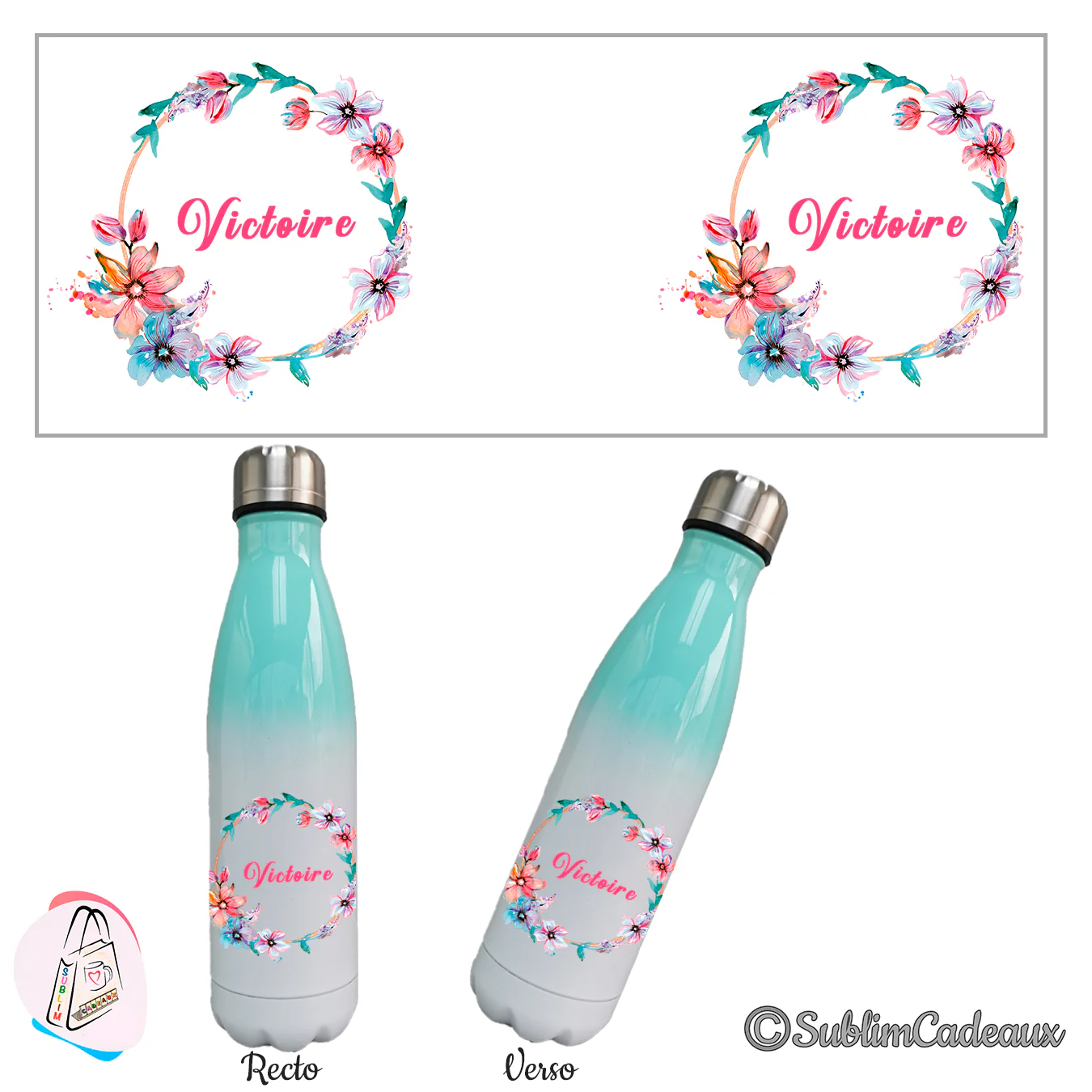 Couronne de fleurs aquarelle roses et violettes, prénom rose, sur une bouteille isotherme menthe et blanc