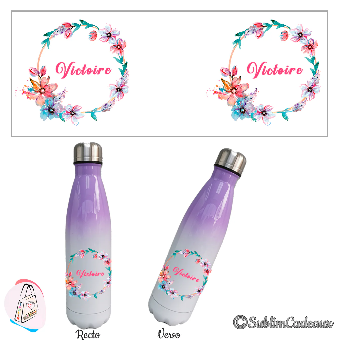 Dégradé violet et blanc, couronne florale aquarelle rose et bleue et prénom rose sublimés, bouteille isotherme