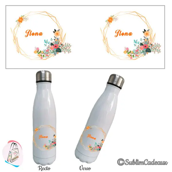 Gourde isotherme blanche à cadre géométrique doré et fleurs orangées, prénom à personnaliser en orange