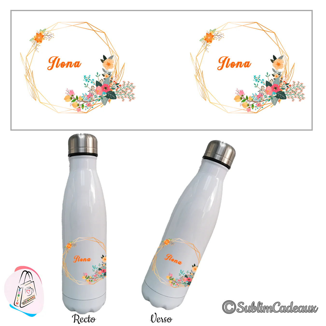 Gourde isotherme blanche à cadre géométrique doré et fleurs orangées, prénom à personnaliser en orange