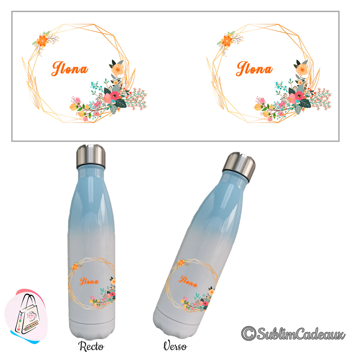 Bouteille isotherme dégradé bleu et blanc, cadre géométrique doré et bouquet de fleurs colorées, prénom orange