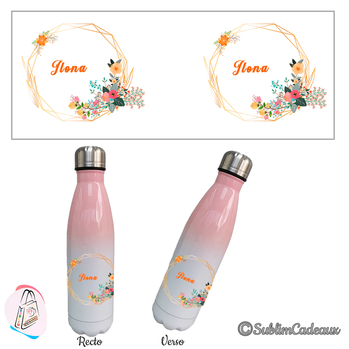 Gourde isotherme dégradé rose et blanc, cadre géométrique doré, fleurs colorées, prénom orange imprimé