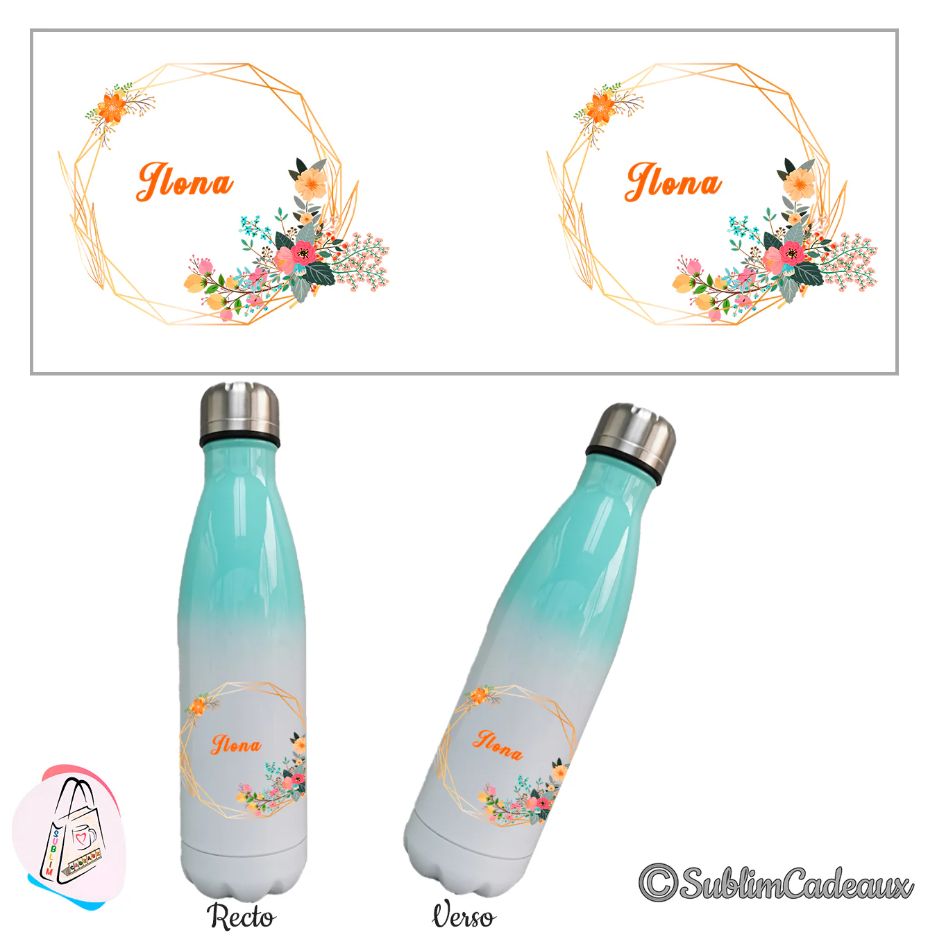 Isotherme dégradé menthe et blanc, cadre géométrique doré et bouquet fleuri coloré, prénom orange sublimé