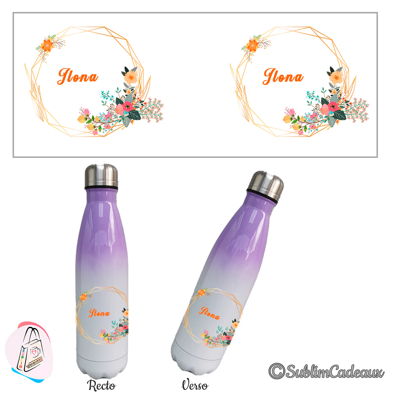 Cadre géométrique doré et fleurs colorées autour d'un prénom orange, bouteille isotherme violet et blanc