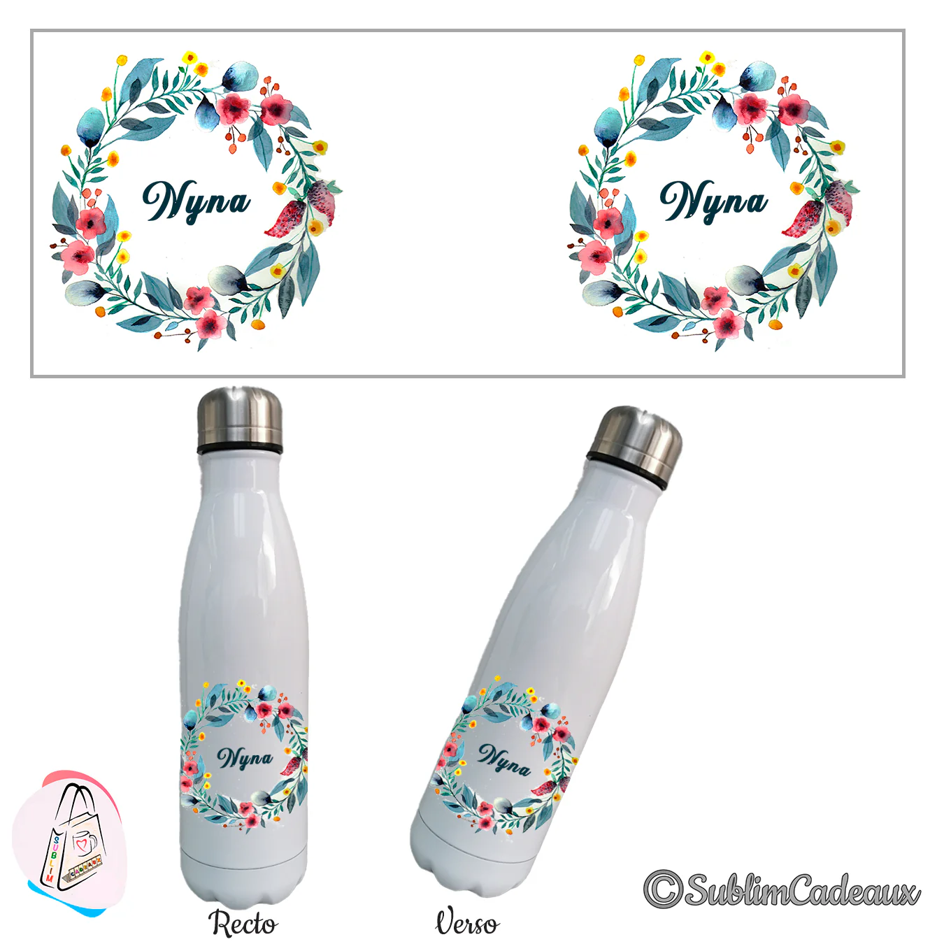 Sur bouteille isotherme blanche, couronne de feuillage bleuté et fleurs roses, prénom à personnaliser