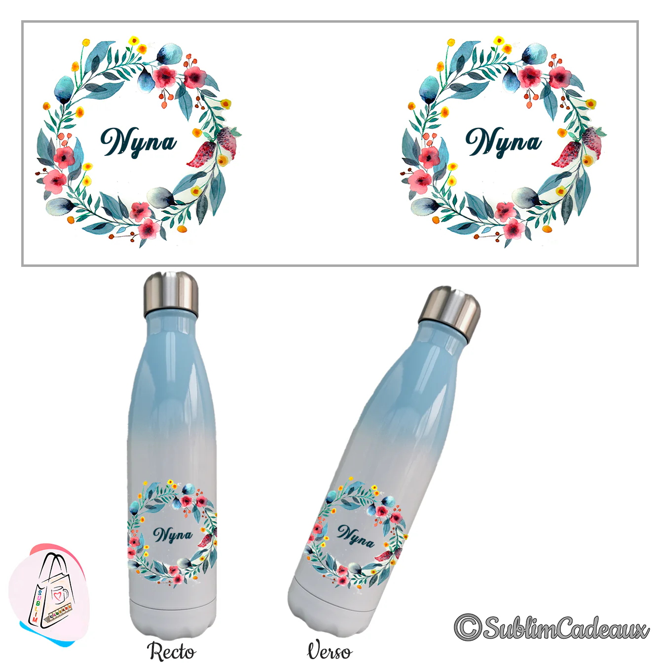 Bouteille isotherme dégradé bleu et blanc, couronne aquarelle de feuillage vert et fleurs roses, prénom sublimé