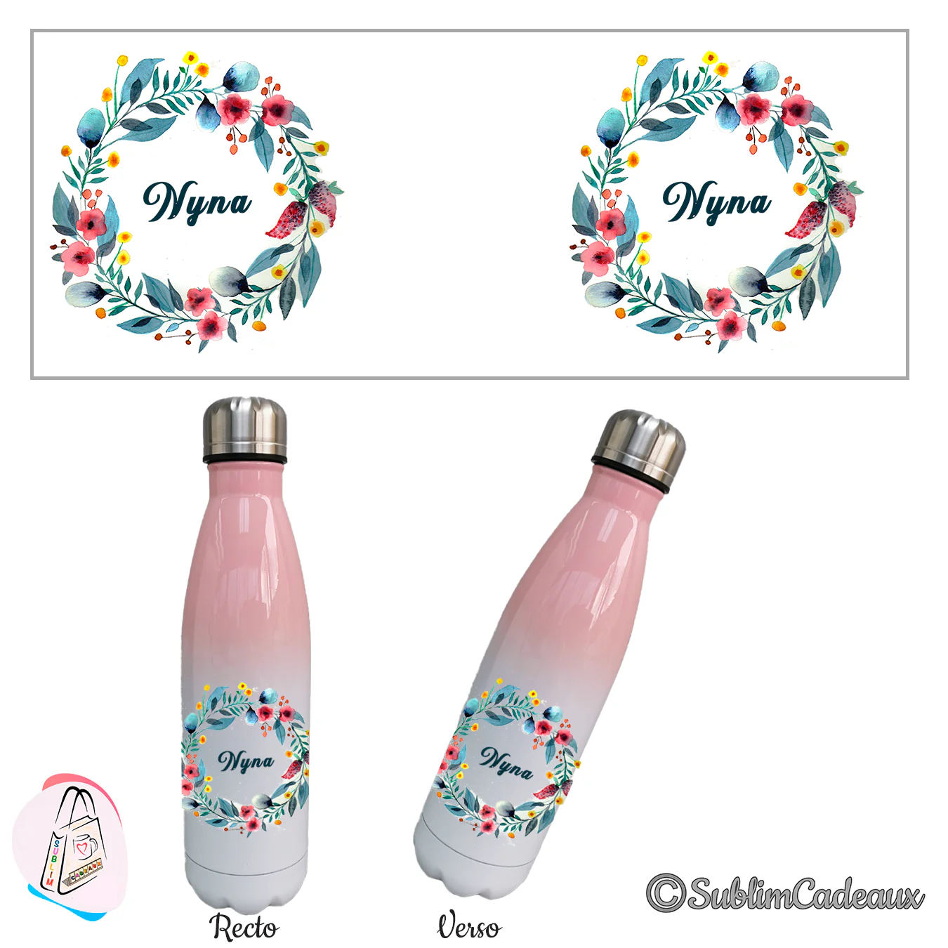 Gourde isotherme dégradé rose et blanc, couronne de feuillage bleu-vert, fleurs roses et jaunes, prénom sublimé