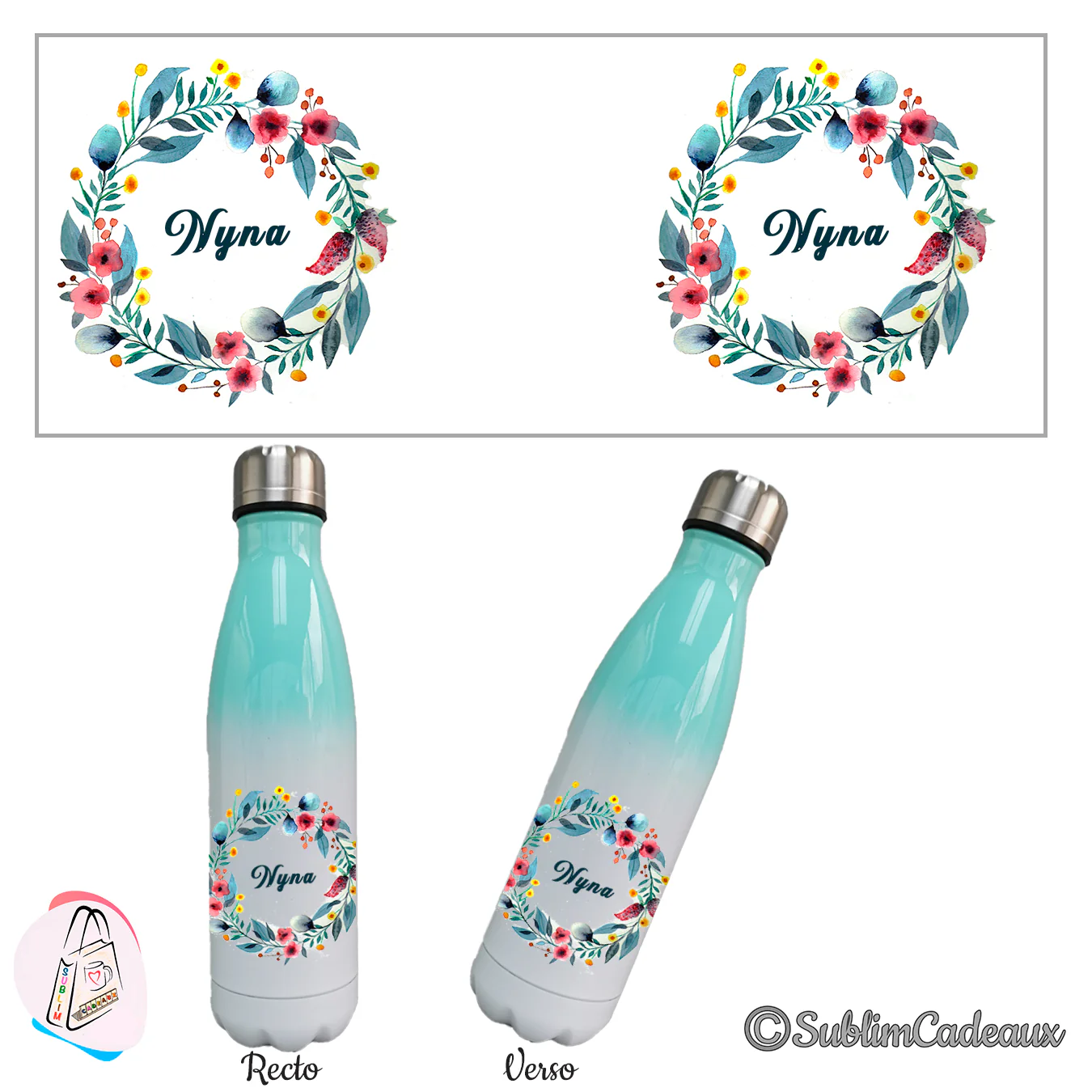 Isotherme dégradé menthe et blanc, couronne aquarelle feuillage bleu-vert et fleurs roses, prénom imprimé