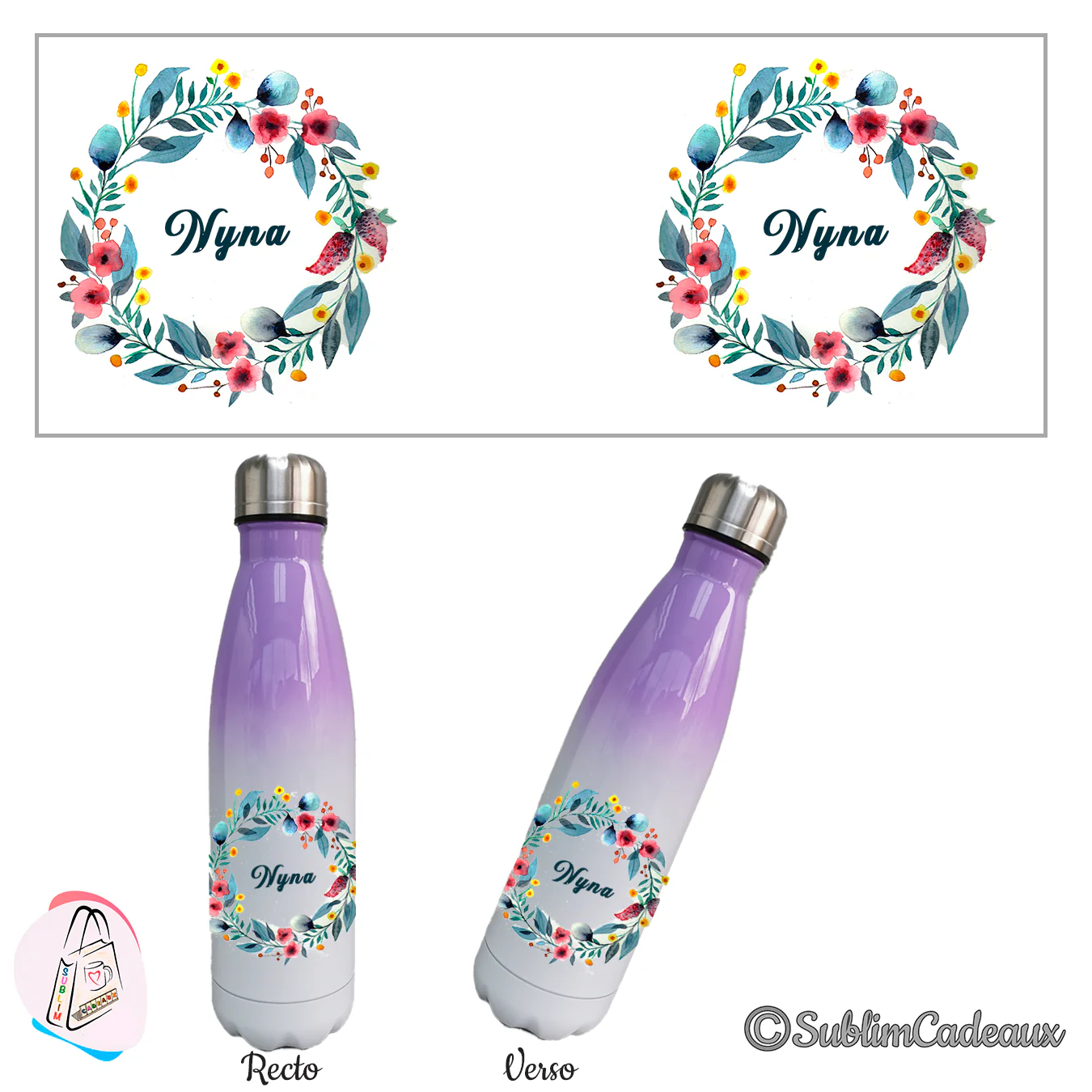 Couronne aquarelle de feuillage vert et fleurs roses, prénom, sur bouteille isotherme dégradé violet et blanc