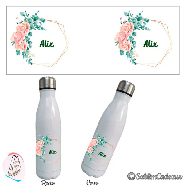 Gourde isotherme blanche, roses poudrées et eucalyptus sur cadre doré, prénom à personnaliser en vert