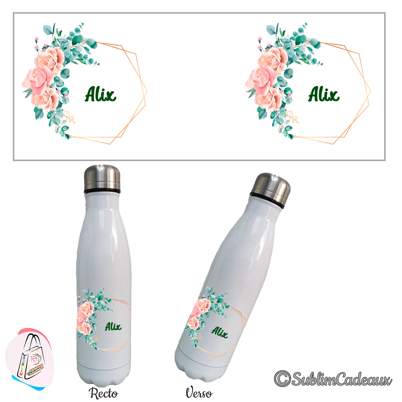 Gourde isotherme blanche, roses poudrées et eucalyptus sur cadre doré, prénom à personnaliser en vert