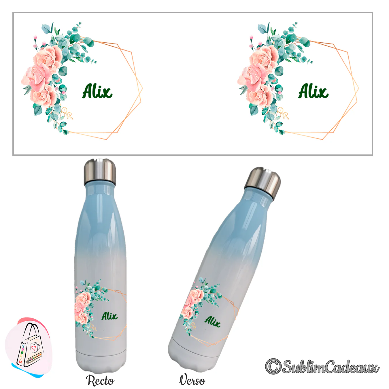 Bouteille isotherme dégradé bleu et blanc, roses et eucalyptus au cadre doré avec le prénom Alix, imprimés recto verso