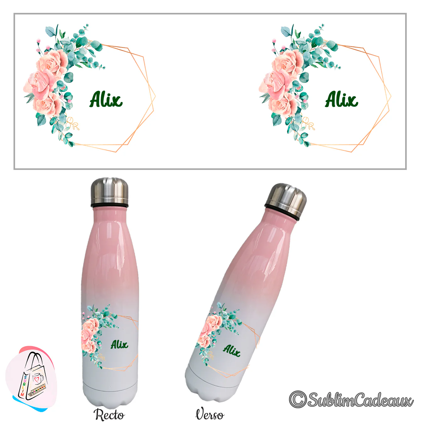 Roses et eucalyptus dans un cadre géométrique doré et prénom Alix sublimés sur une bouteille isotherme dégradé rose et blanc