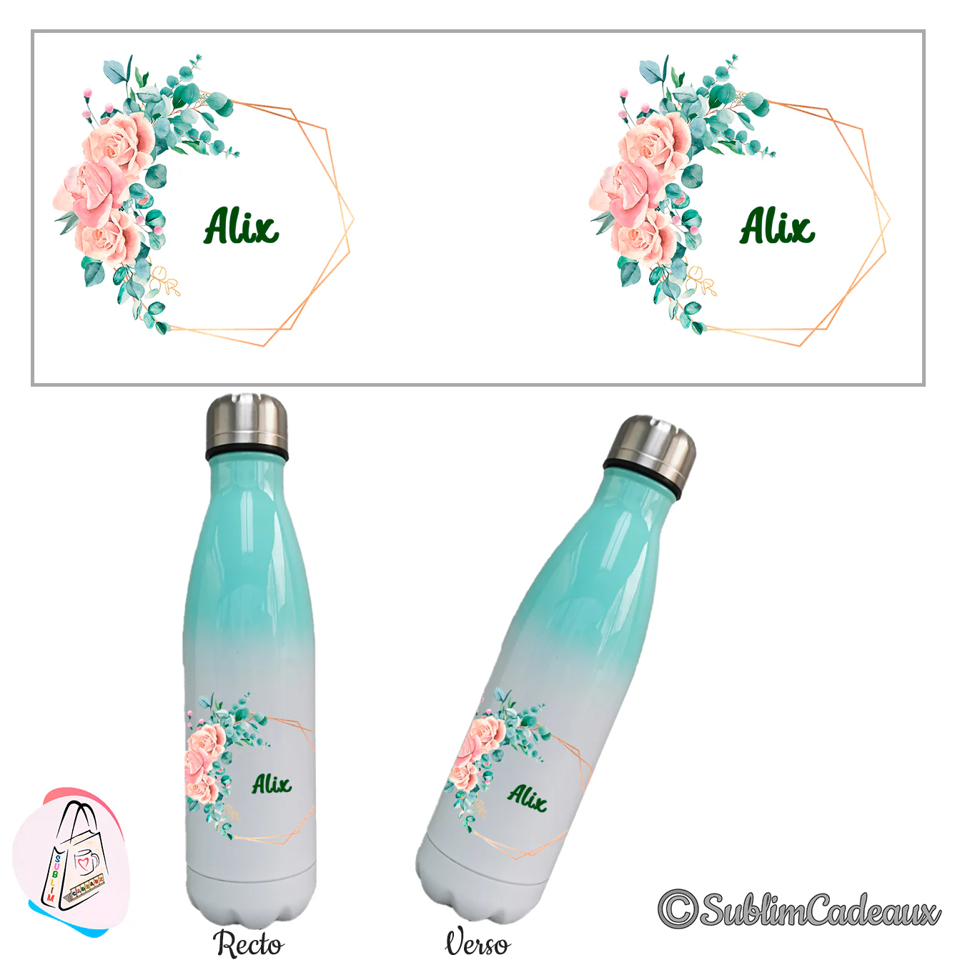 Gourde isotherme dégradé vert menthe et blanc, roses et eucalyptus au cadre doré et prénom Alix imprimés, de face et de dos