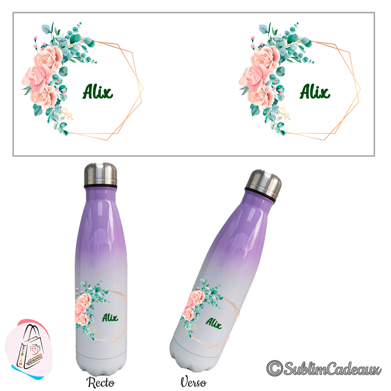 Sur une bouteille isotherme dégradé violet et blanc, roses, eucalyptus et cadre doré entourant le prénom Alix