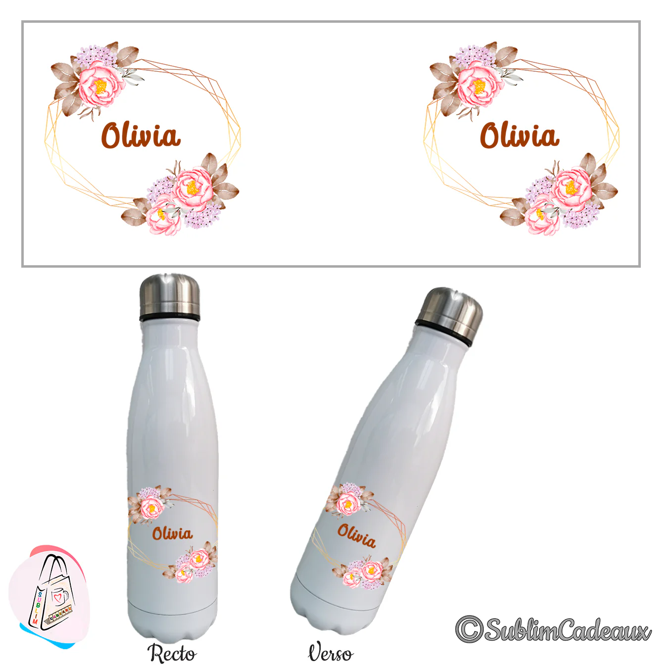 Bouteille isotherme blanche, cadre géométrique doré et pivoines roses, prénom à personnaliser en brun