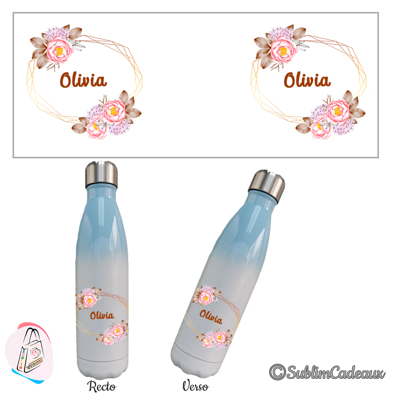 Bouteille isotherme dégradé bleu et blanc, pivoines roses et feuillage au cadre ovale doré avec le prénom Olivia