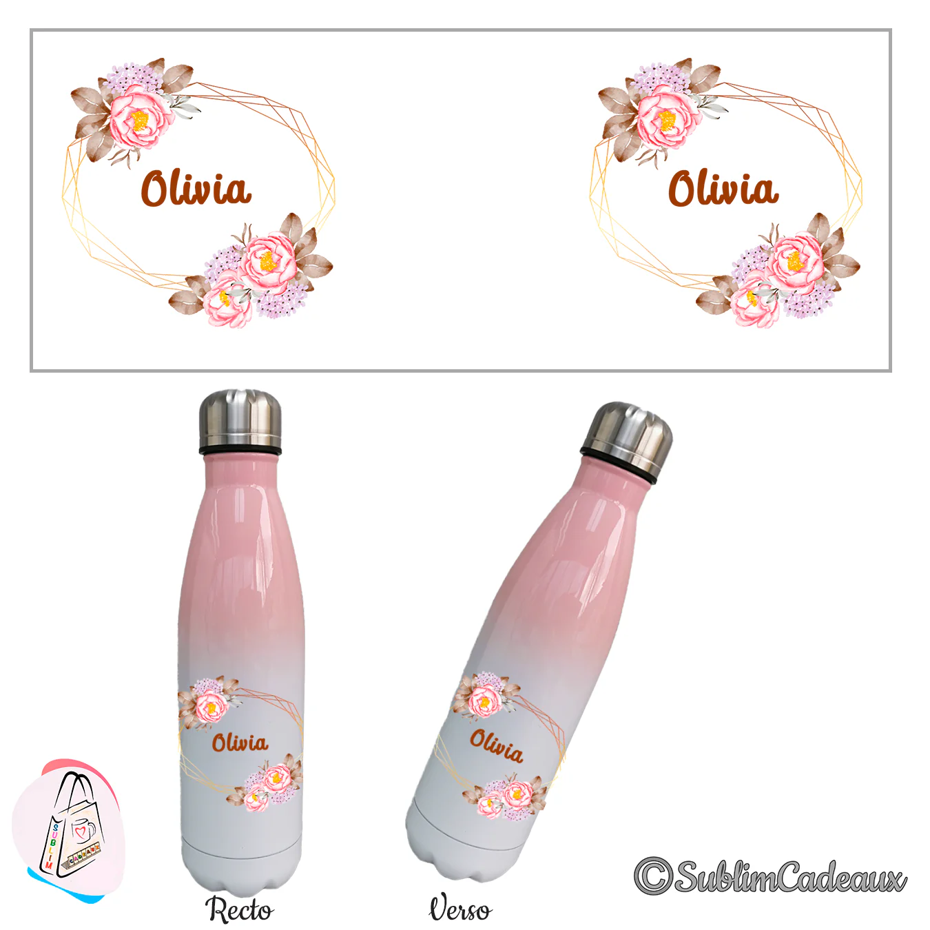 Pivoines roses, feuillage et cadre géométrique doré avec le prénom Olivia, imprimés sur une bouteille isotherme rose et blanc
