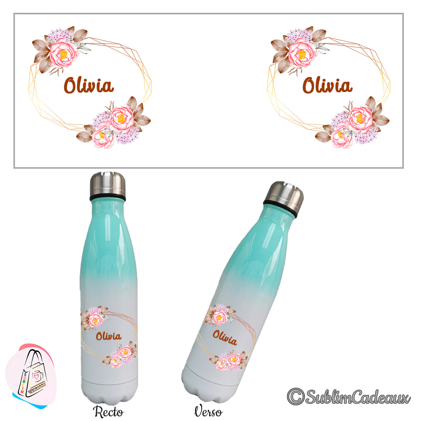 Gourde isotherme dégradé vert menthe et blanc, pivoines roses et feuillage au cadre doré et prénom Olivia, recto verso