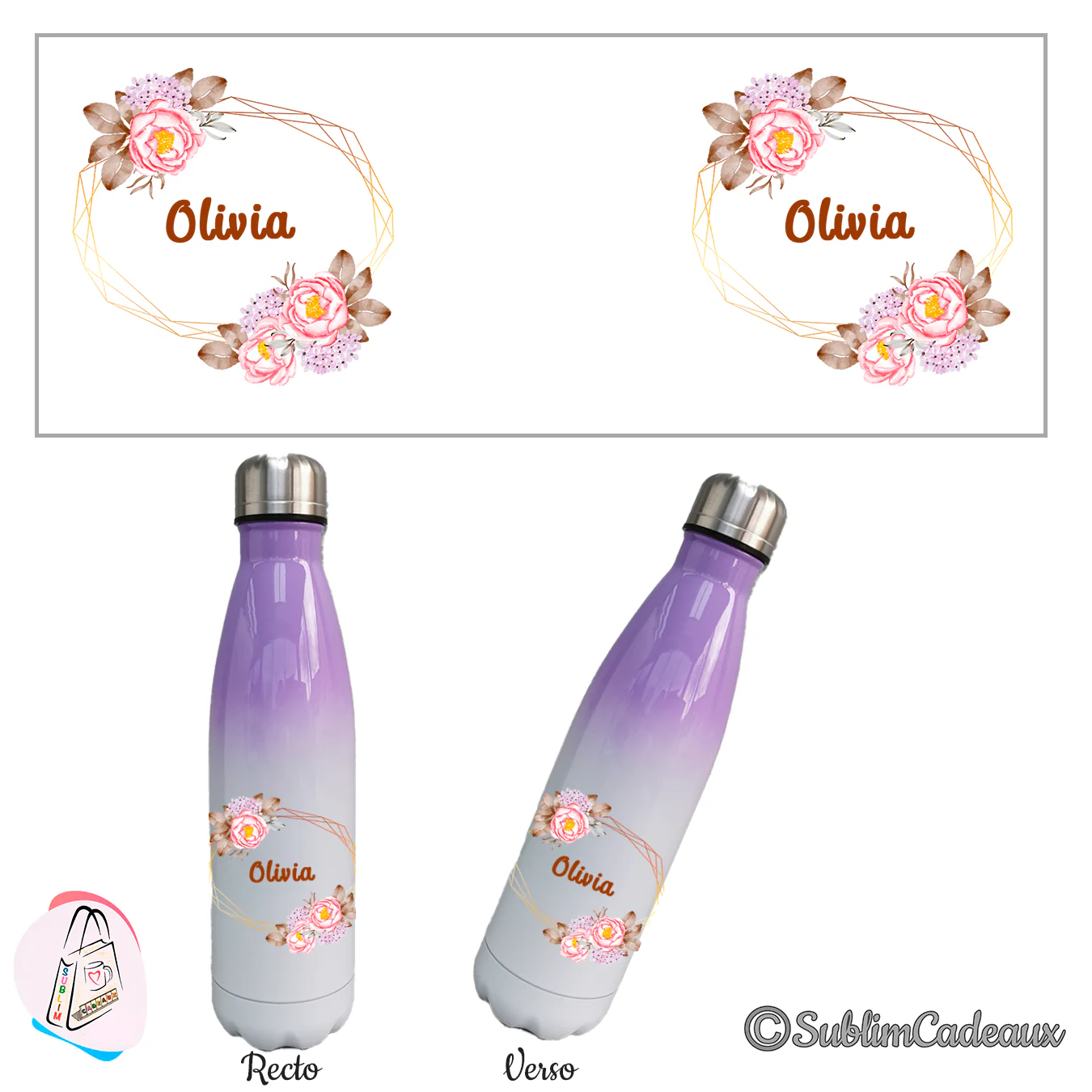 Décor de pivoines roses et feuillage au cadre ovale doré avec le prénom Olivia sur une bouteille isotherme violet et blanc
