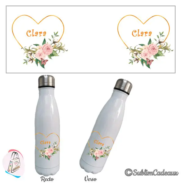 Gourde isotherme blanche à cœur doré, roses poudrées et coton, prénom à personnaliser en orange