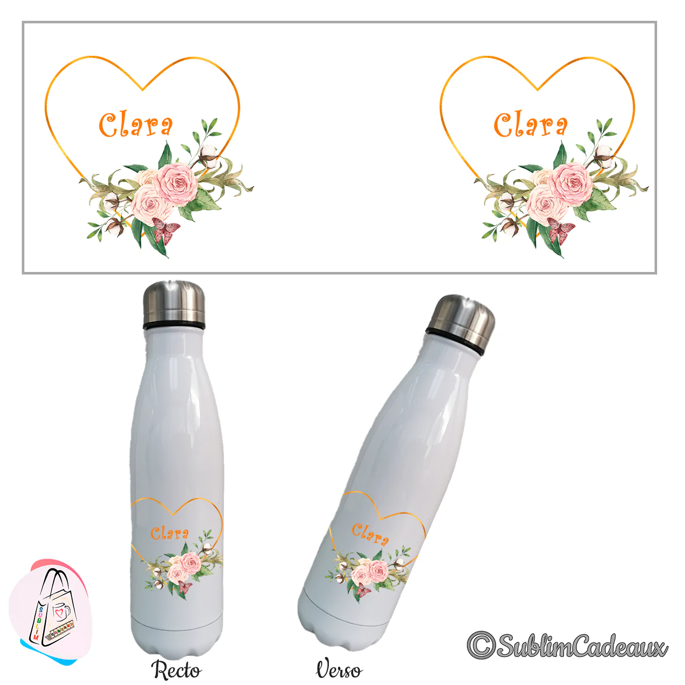 Gourde isotherme blanche à cœur doré, roses poudrées et coton, prénom à personnaliser en orange