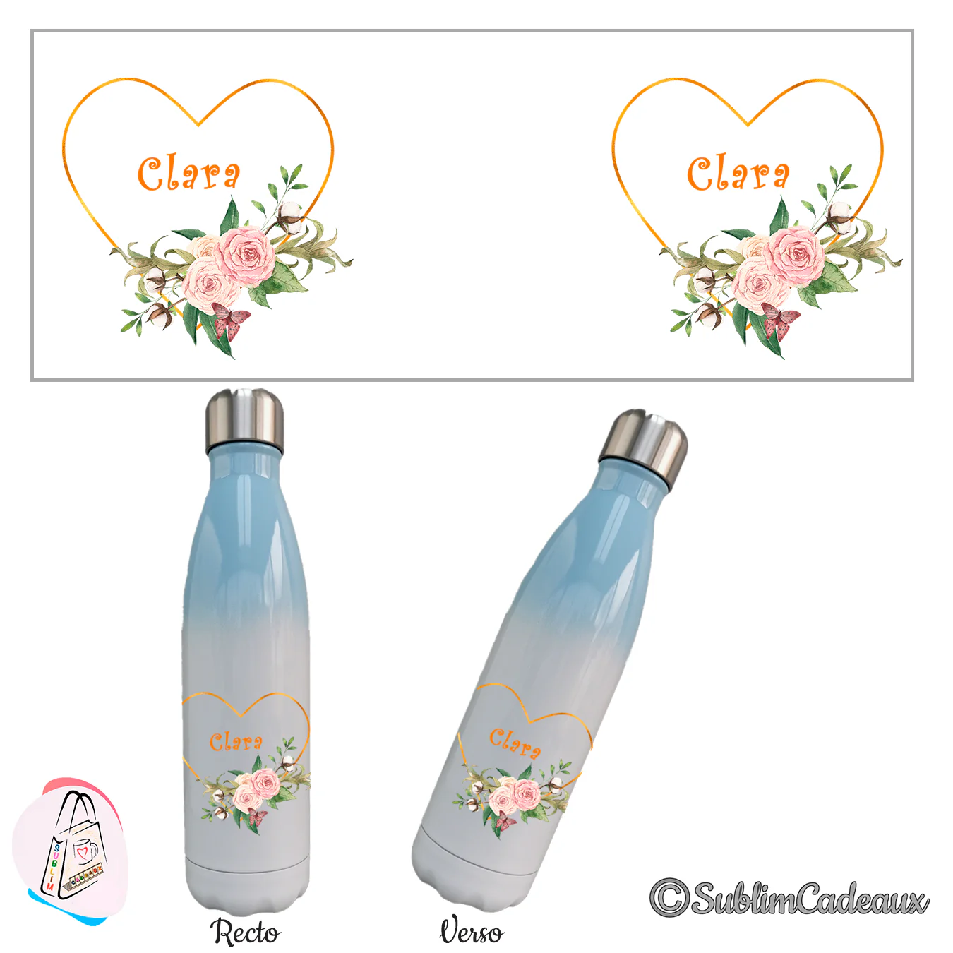 Bouteille isotherme dégradé bleu et blanc, cœur doré, roses, coton et papillon avec le prénom Clara, imprimés recto verso