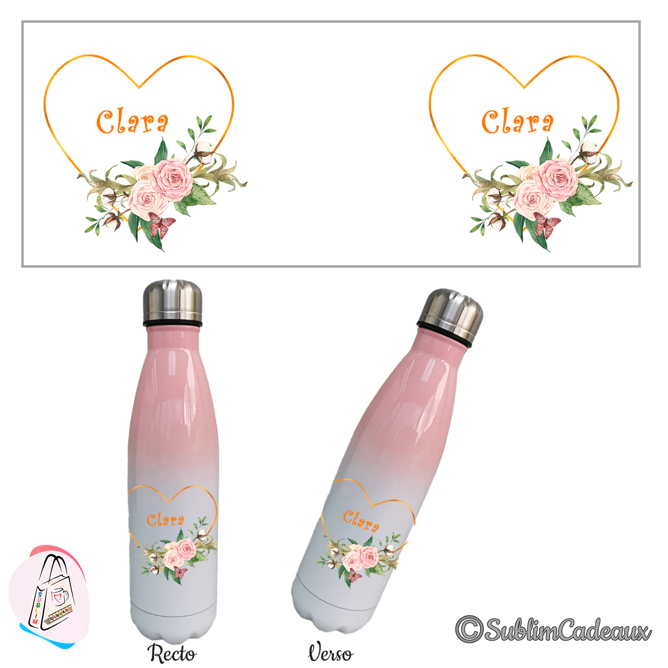 Cœur doré, roses, coton et papillon encadrant le prénom Clara, sublimés sur une gourde isotherme dégradé rose et blanc