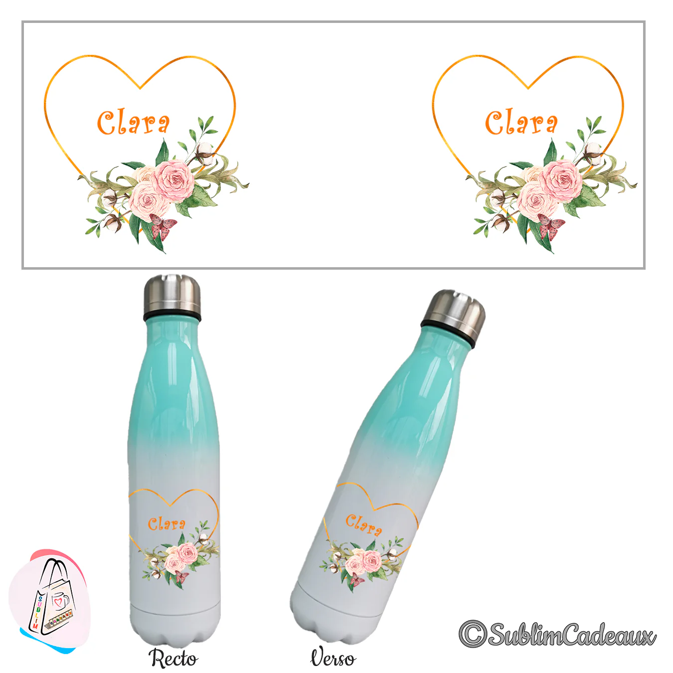 Gourde isotherme dégradé vert menthe et blanc, cœur doré, roses, fleurs de coton et papillon avec le prénom Clara