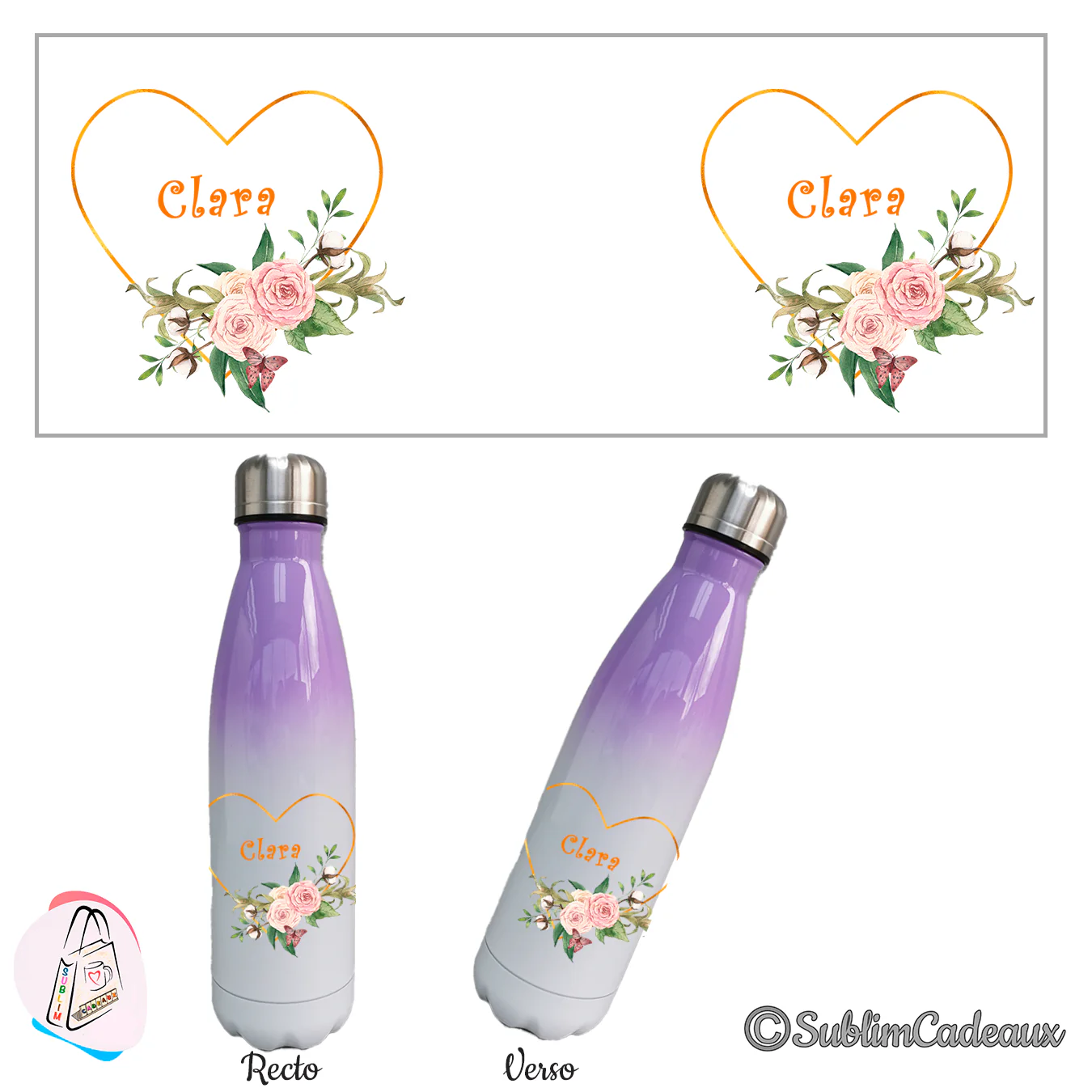 Motif de cœur doré, roses, coton et papillon avec le prénom Clara sur une bouteille isotherme dégradé violet et blanc