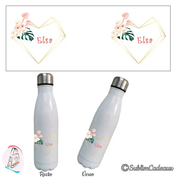 Bouteille isotherme blanche, cœur géométrique doré et fleurs tropicales, prénom à personnaliser en corail