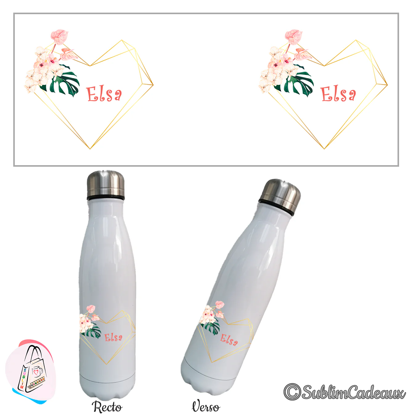 Bouteille isotherme blanche, cœur géométrique doré et fleurs tropicales, prénom à personnaliser en corail